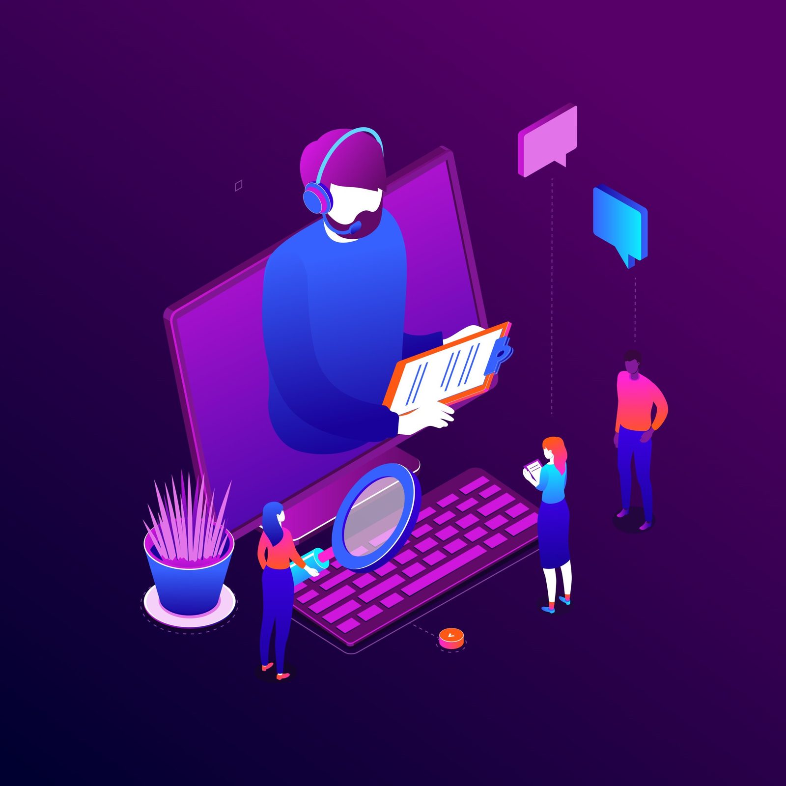 Isometric illustration of a team working with Sentia